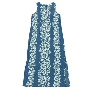 Aloha Hut Hawaiian sheath dress blue and white side slit classic hawaiian size S